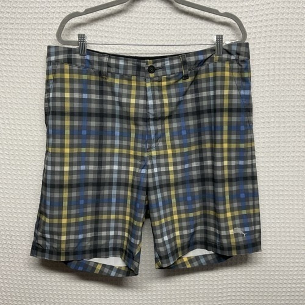 Tommy Bahama Island Active Blue/Grey Gingham Stretch Hybrid Chino Shorts Men 38